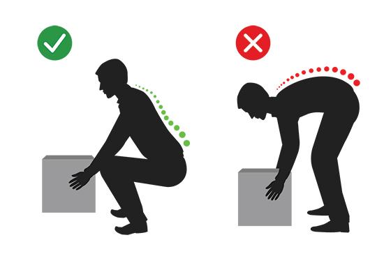 illustration av man som lyfter upp låda med god respektive dålig ergonomi